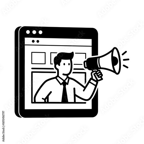 Vector art of man with megaphone in a web browser window, representing online advertising, promotion, and communication