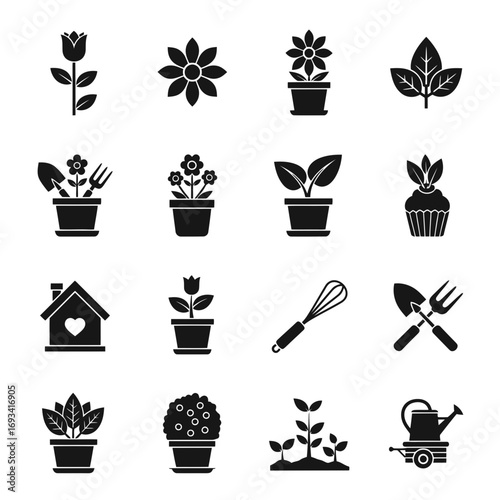 Vector art of collection of black silhouette icons representing gardening, plants, and home