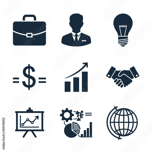 Vector art of collection of business and finance icons including a briefcase, handshake, lightbulb, dollar sign, graph, and globe