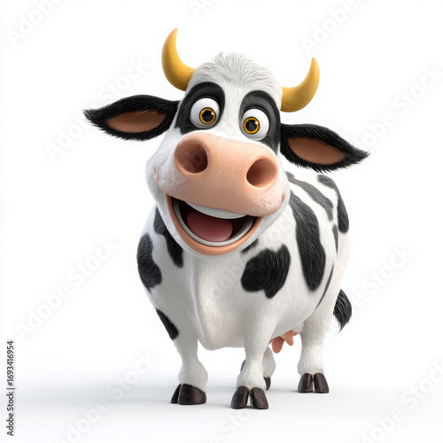 3D Render of a Cute, Happy Cartoon Cow with Big Eyes and a Smile on a White Background

