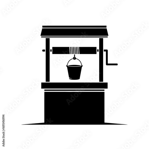 Vector art of black silhouette of a wishing well with a bucket and crank