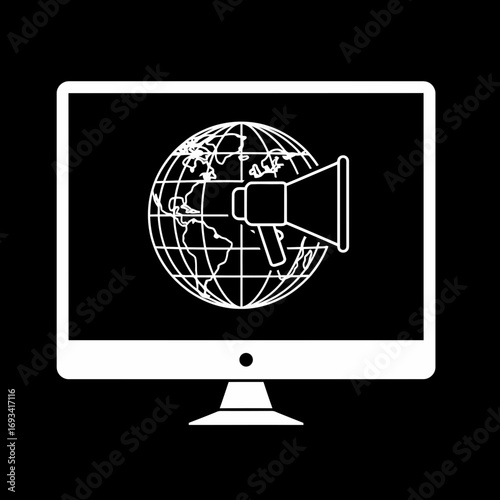 Vector art of computer monitor displaying a globe with a megaphone, representing global communication and marketing