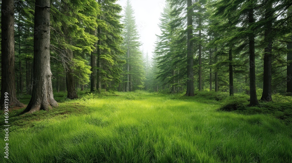 Obraz premium Lush Green Forest Pathway Surrounded by Tall Pines and Dense Foliage with Soft Light Filtering Through the Leaves in a Tranquil Natural Setting