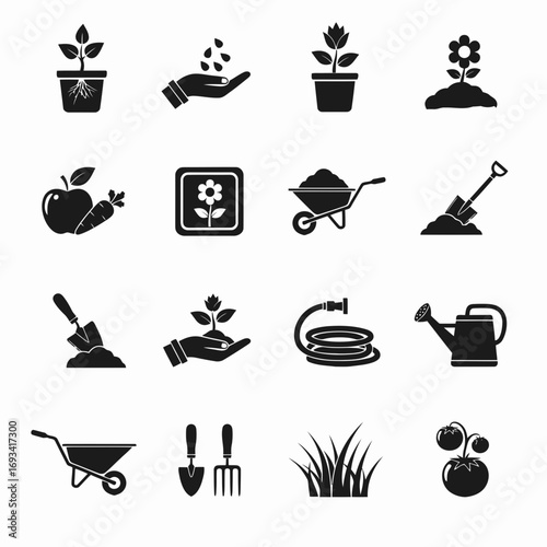 Vector art of set of gardening icons, representing planting, watering, and harvesting