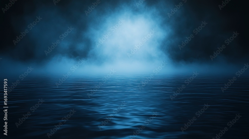 Fototapeta premium Dark blue background with fog, glowing light rays on water surface—also dark abstract dark blue backdrop with smoke/mist (for product presentation/scenes); abstract black background with dark fog