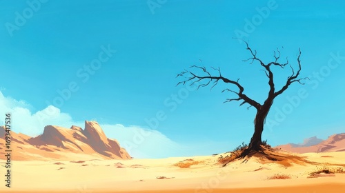 Dryness evokes a sense of timeless desolation in a stark desert landscape illustration