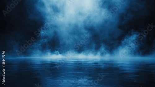 Dark blue background with fog, glowing light rays on water surface—also dark abstract dark blue backdrop with smoke/mist (for product presentation/scenes); abstract black background with dark fog