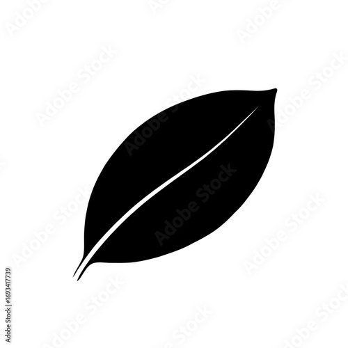 Vector art of a simple black silhouette of a single leaf with a central vein, isolated on a, representing nature and simplicity