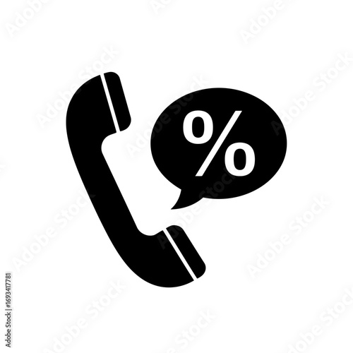 Vector art of black silhouette of a telephone handset with a speech bubble containing a percentage sign