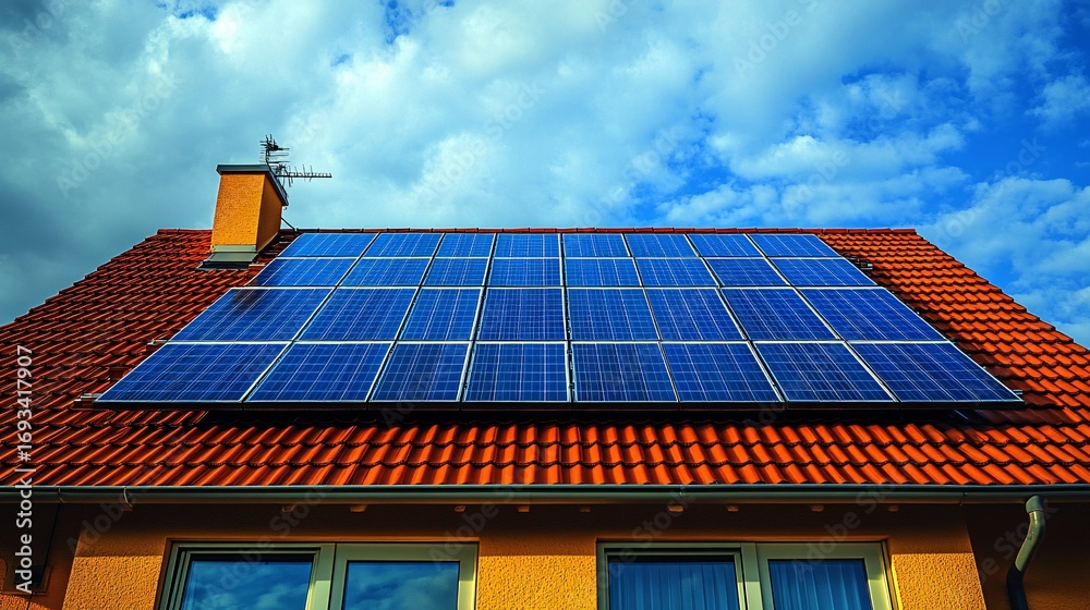 Fototapeta premium Blue Solar Panels On Red Tile Roof Under Cloudy Sky In Residential Building Exterior With Bright Sky Background With Cloudy Sky Condition Showing Solar Energy Installation On House Roof Top With