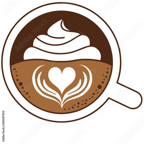 A charming pixel art illustration of a coffee beverage. The design features a latte with a heart-shaped design in the foam, topped with whipped cream. 
