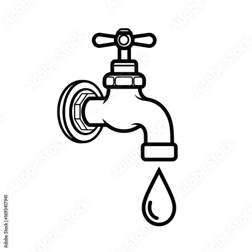 Vector art of a simple black and white illustration of a water faucet with a single drop of water falling from its spout