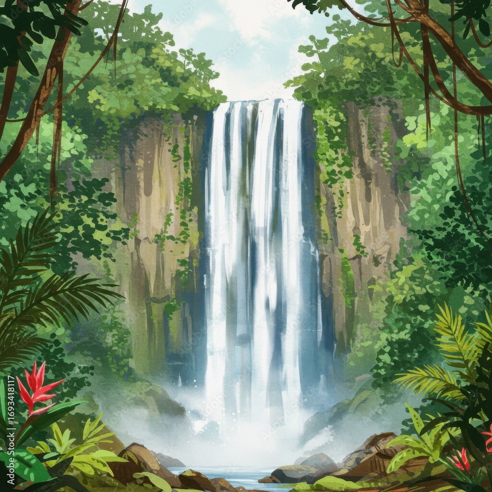 Naklejka premium Watercolor illustration of a tropical waterfall surrounded by lush summer plants and greenery, hand-painted exotic landscape