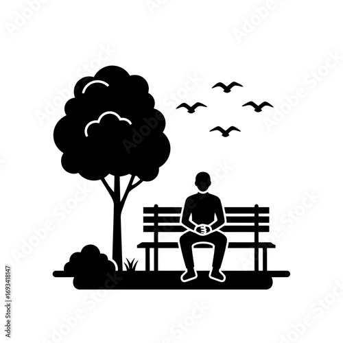 Vector art of silhouette of a person sitting alone on a park bench under a tree with birds flying in the sky, symbolizing solitude and contemplation
