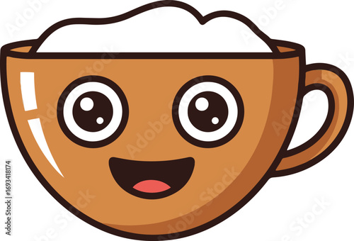 This illustration showcases a pixel art rendering of a coffee cup with a cheerful expression.