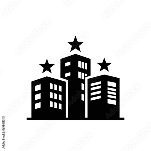 Vector art of modern building icon with stars, representing excellence or a high rating