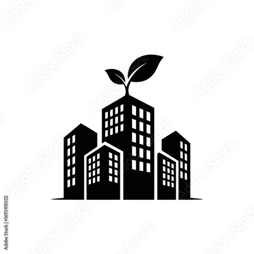 Vector art of ecofriendly cityscape with buildings and a sprouting leaf on top
