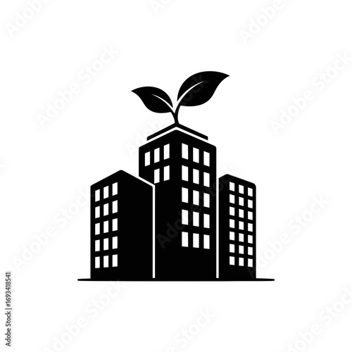 Vector art of ecofriendly building icon with green leaves growing from the top, symbolizing sustainability and environmental consciousness