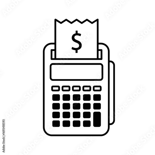 Vector art of simple black and white line drawing icon of a credit card terminal with a receipt showing a dollar sign