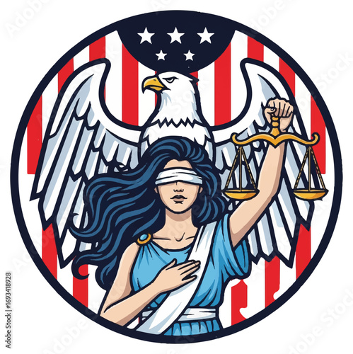 Illustration of Lady Justice with an American eagle, scales, and the US flag in the background.