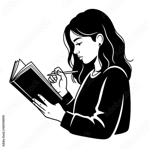 Vector art of black and white illustration of a young woman with long wavy hair, focused on writing in a notebook with a pen