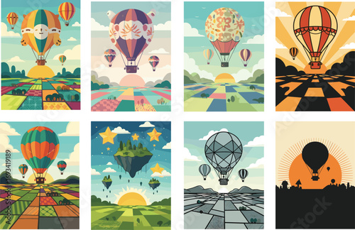 Colorful hot air balloon landscape, flying in sunrise sky, aerial adventure illustration cartoon, dreamy fantasy flight, countryside travel background