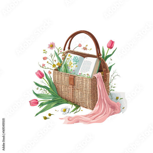 basket with flowers , wicker basket filled with tulips and other flowers , a book and a draped pink fabric