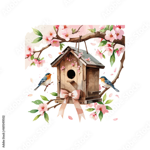bird house on a branch , spring themed bird house and spring flowers, wooden bird house