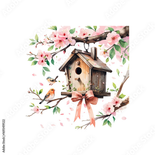 bird house with flowers , bird house on a branch , spring themed bird house and spring flowers