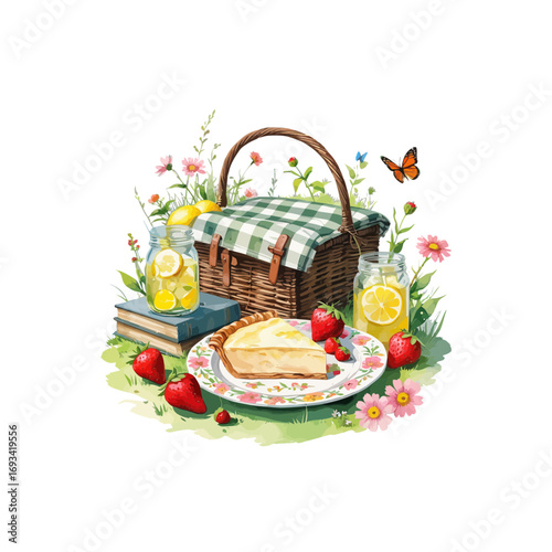 picnic basket with food and butterflies , garden picnic basket with foods