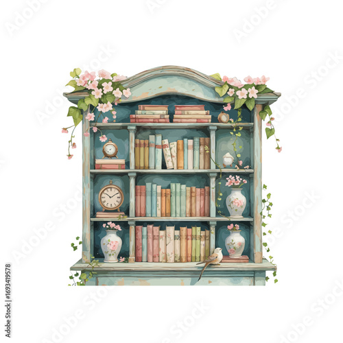 vintage window with flowers ,  decorative bookshelf with flowers