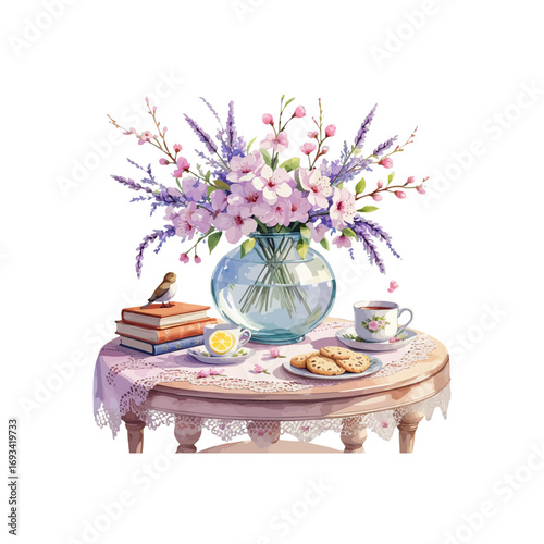 flowers in a vase , garden table with spring themed , floral arrangement on a table with books , cookies , cups and a bird