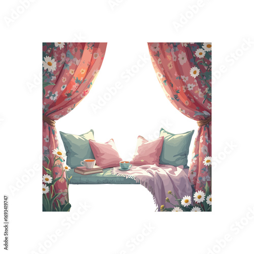 colorful pillows on a white background ,  spring decor , curtains and pillows