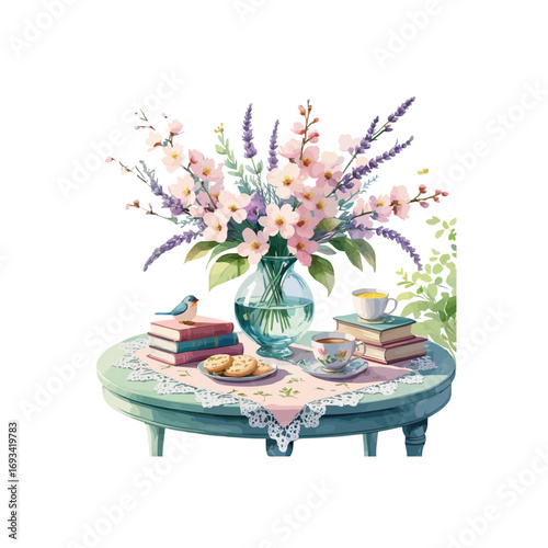 flowers in a vase , garden table with spring themed , floral arrangement on a table with books , cookies , cups and a bird