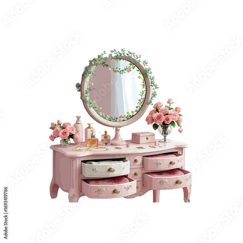antique furniture for jewelry , mirror and flowers , spring circle mirror with drawers , flower vases and cosmetic items , dressing table