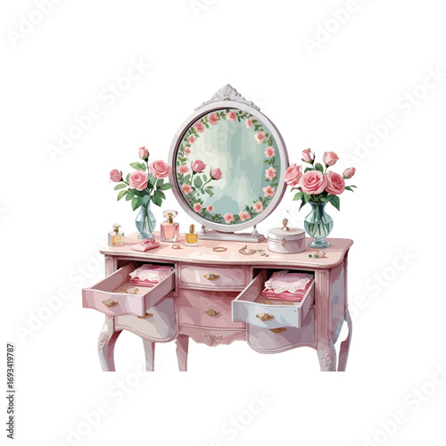 mirror and flowers , spring circle mirror with drawers , flower vases and cosmetic items , dressing table