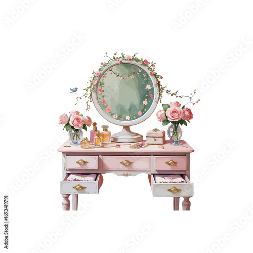 wooden table with flowers ,mirror and flowers , spring circle mirror with drawers , flower vases and cosmetic items , dressing table