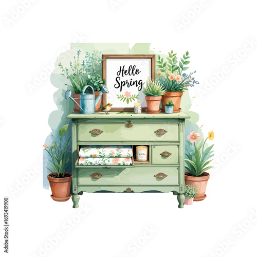 wooden box with flowers , hello spring , green dresser with drawers , potted plants and a watering can