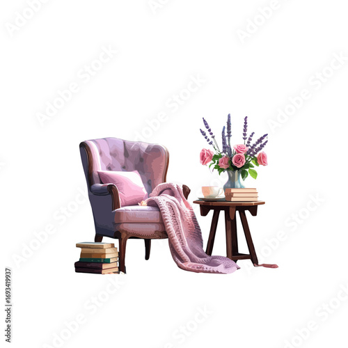 table and chairs, armchair with a blanket  , vase of flowers, side table with books