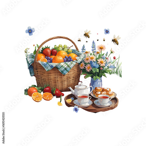 basket with fruits and vegetables , wicker basket with fruits , tea pot flower basket and pastries arranged on a wooden tray , bees , flower vase and a picnic food basket
