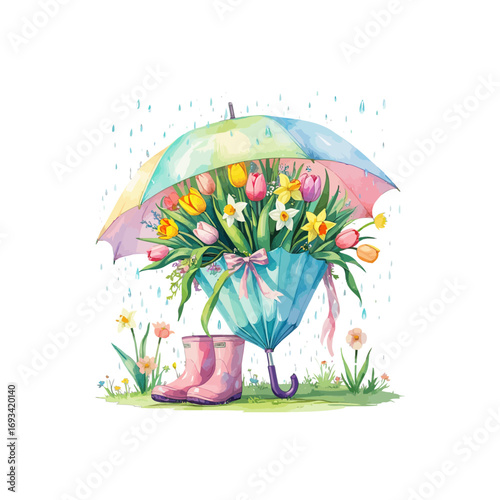flowers in a pot , colorful umbrella and spring showers , rain boots , spring flowers , flower pot , umbrella and rain drops 