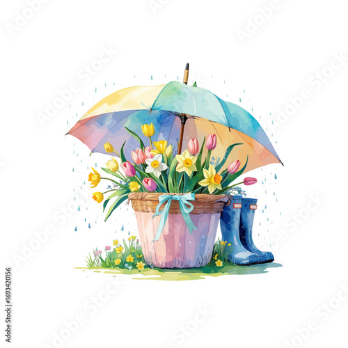 flowers in a pot , colorful umbrella and spring showers , rain boots , spring flowers , flower pot , umbrella and rain drops 