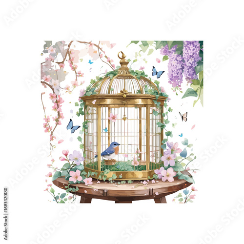 bird cage with flowers and butterflies , golden bird cage , spring bird cage 