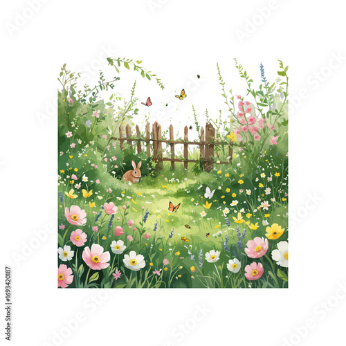 rabbit, fence and flowers , spring flower garden with bees , wildflowers , butterflies and fence