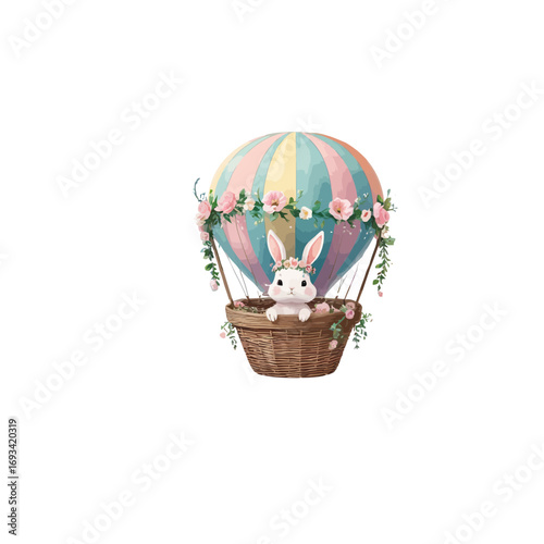 bunny with summer background , bunny and air ballon with flowers