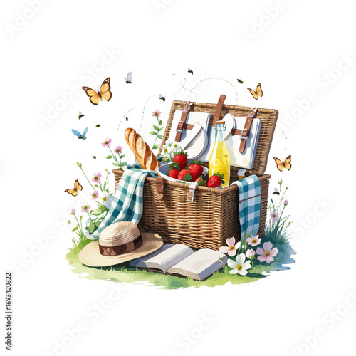spring picnic food basket with a hat , book and butterflies