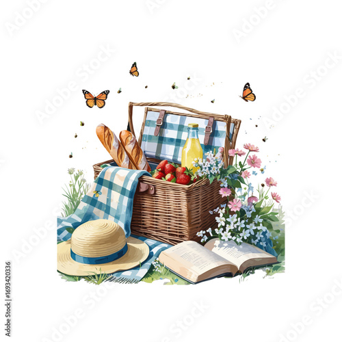 picnic basket and butterflies with spring , summer picnic basket