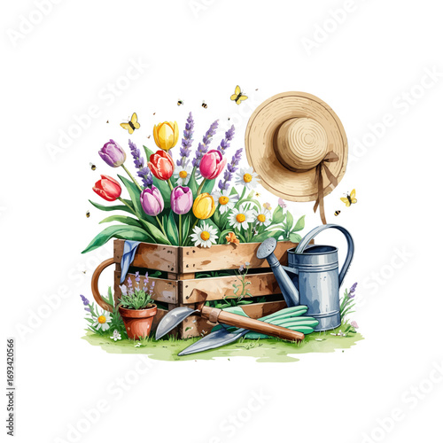 gardening tools and flowers