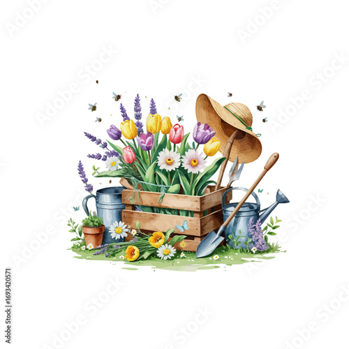 spring flowers and gardening tools