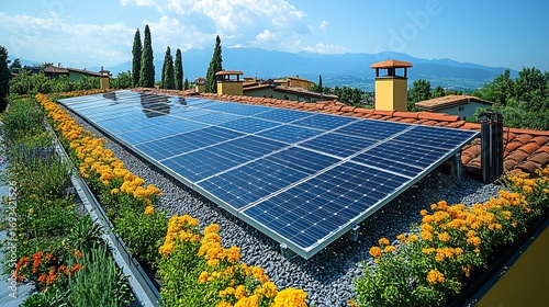 Residential Rooftop Solar Panel Installation with Blooming Yellow Flowers and Mountain View Landscape Features and Houses in Summer Sunlight. Architectural Perspective on Eco Friendly Home Energy